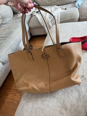Tory Burch Caramel Pebbled Leather Tote with Logo Charm